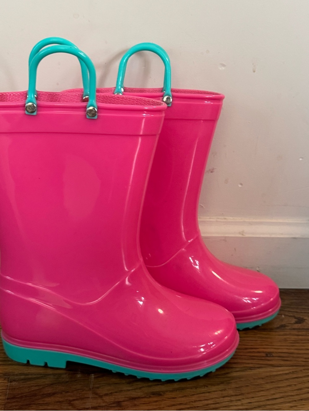 Bright Pink Kids Rain Boots with turquoise Handles